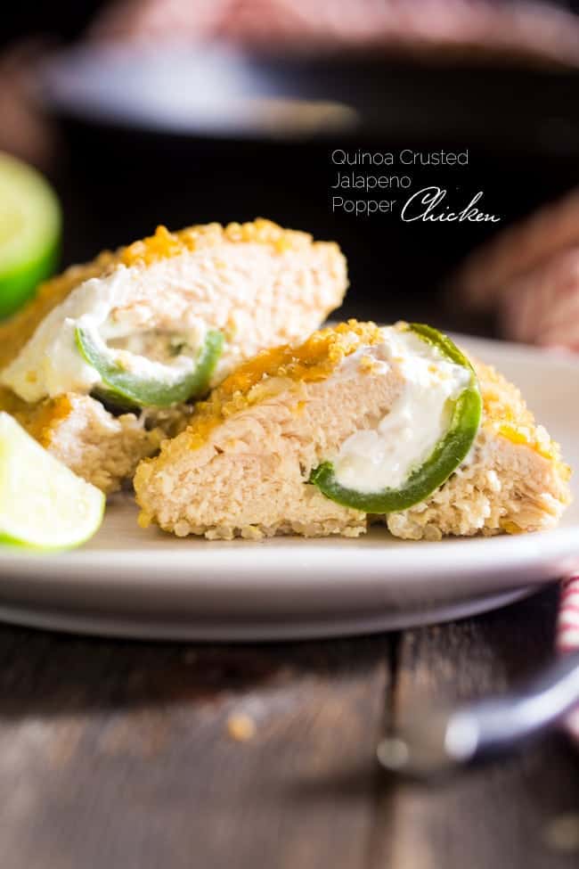 Quinoa Crusted Jalapeno Popper Chicken - This crowd-pleasing chicken tastes like the popular party food, but is made healthy and gluten free with a quinoa crust! Perfect for busy, weeknight meals! | Foodfaithfitness.com | @FoodFaithFit