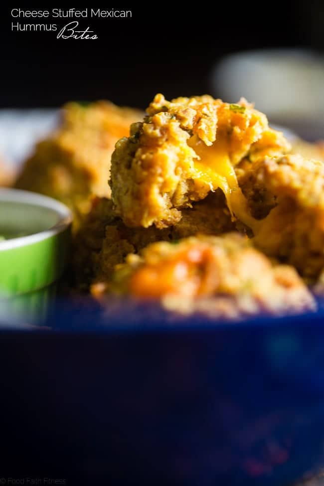 Cheese Stuffed Mexican Hummus Bites - These cheesy hummus bites are made extra crispy with roasted chickpeas! Dip them in a guacamole for a healthier snack or appetizer on game day! Only 3 SmartPoints. | FoodFaithFitness.com | @FoodFaithFit