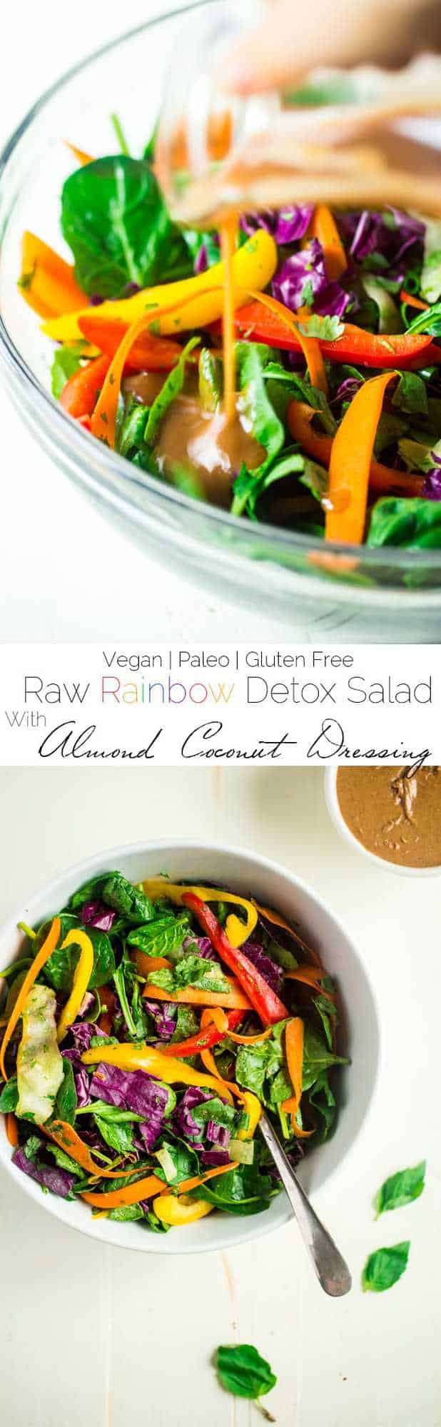 Paleo and Vegan Raw Summer Roll Salad with Almond Vinaigrette - This easy, raw salad tastes just like a summer roll, but without all the work! It's a healthy meal that's ready in 15 minutes and under 250 calories! Whole30 option included! | Foodfaithfitness.com | @FoodFaithFit