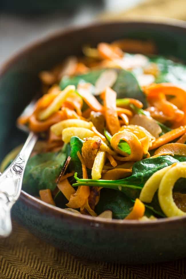 Whole 30 and Vegan Sweet Potato Noodles and Apple Spinach Salad with Almond Dijon Vinaigrette - A healthy, weeknight meal that is ready in only 20 minutes! | Foodfaithfitness.com | @FoodFaithFit