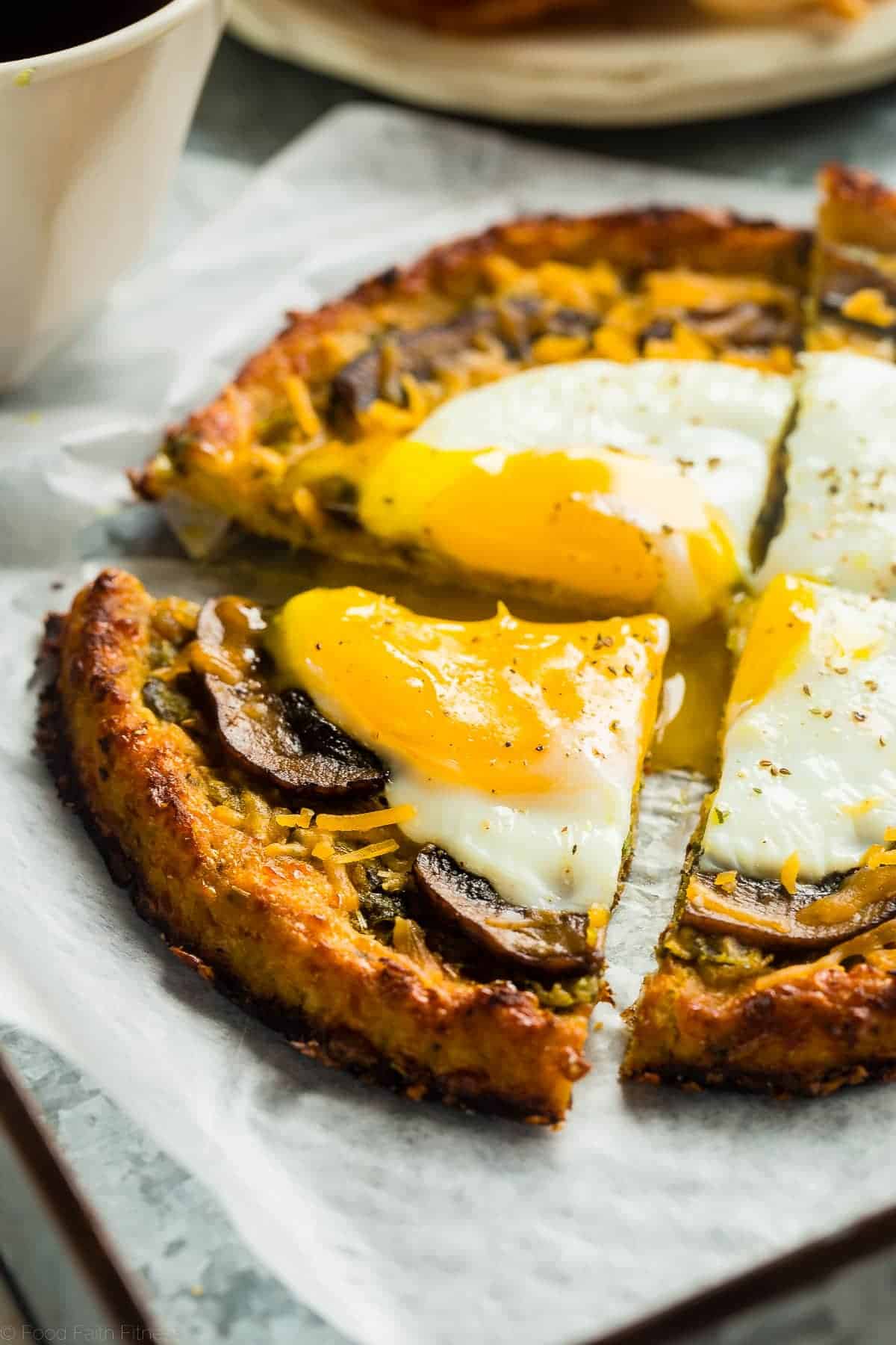 Bacon Pesto and Egg Cauliflower Breakfast Pizza - This healthy cauliflower pizza has soft eggs and a leek-bacon pesto. You'll never know it's secretly high in protein, gluten free and low carb! Perfect for breakfast or brinner! | Foodfaithfitness.com | @FoodFaithFit