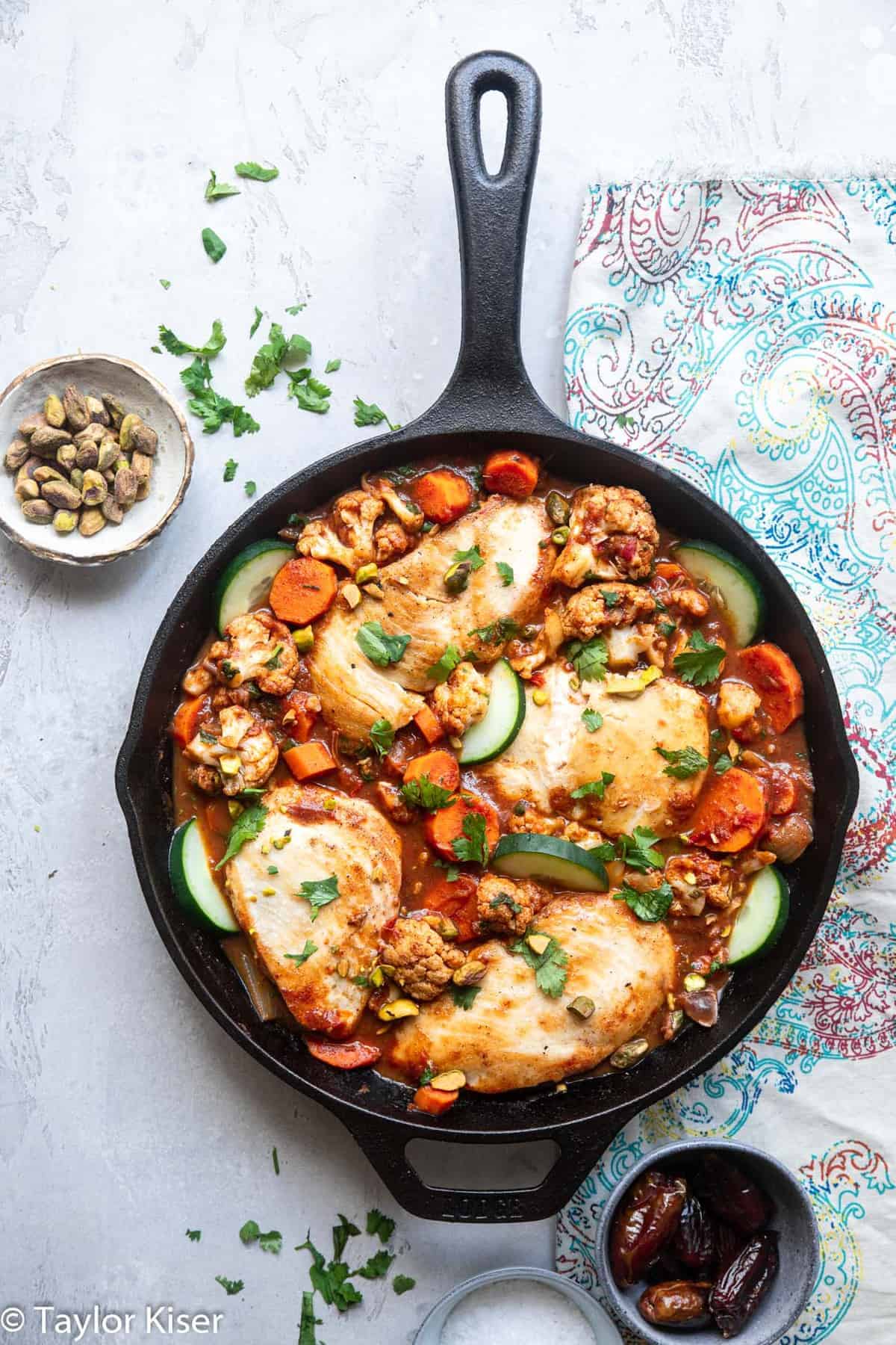 Moroccan chicken in a cast iron skillet