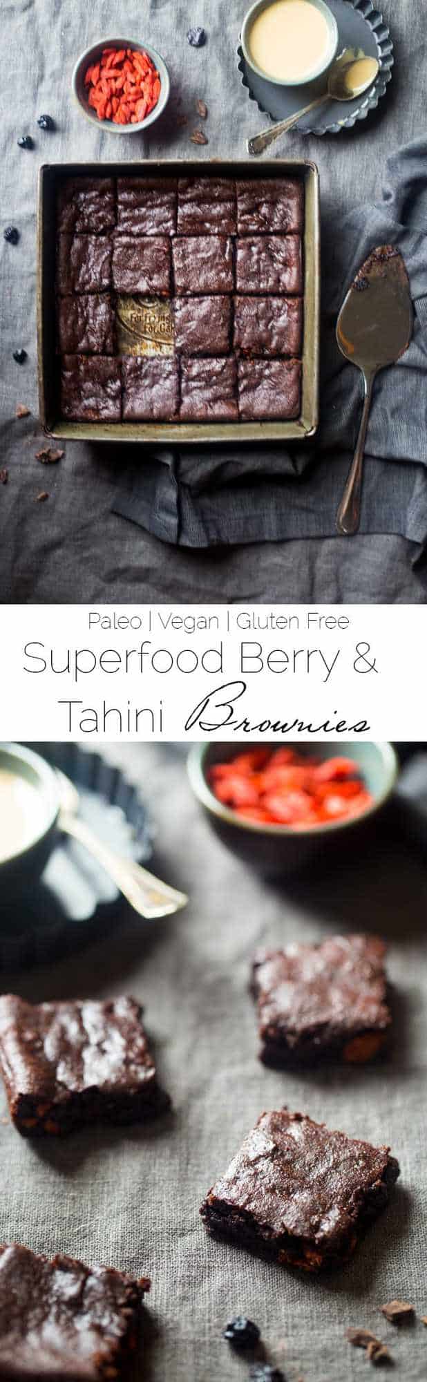 Vegan Superfood Berry Tahini Brownies - These vegan brownies are so dense and chewy that you'd never know they're a superfood-packed, healthy and paleo friendly dessert for only 107 calories! | Foodfaithfitness.com | @FoodFaithFit