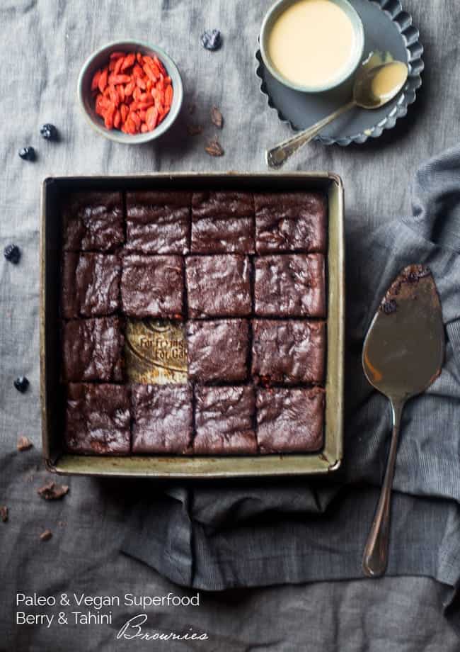 Vegan Superfood Berry Tahini Brownies - These vegan brownies are so dense and chewy that you'd never know they're a superfood-packed, healthy and paleo friendly dessert for only 107 calories! | Foodfaithfitness.com | @FoodFaithFit