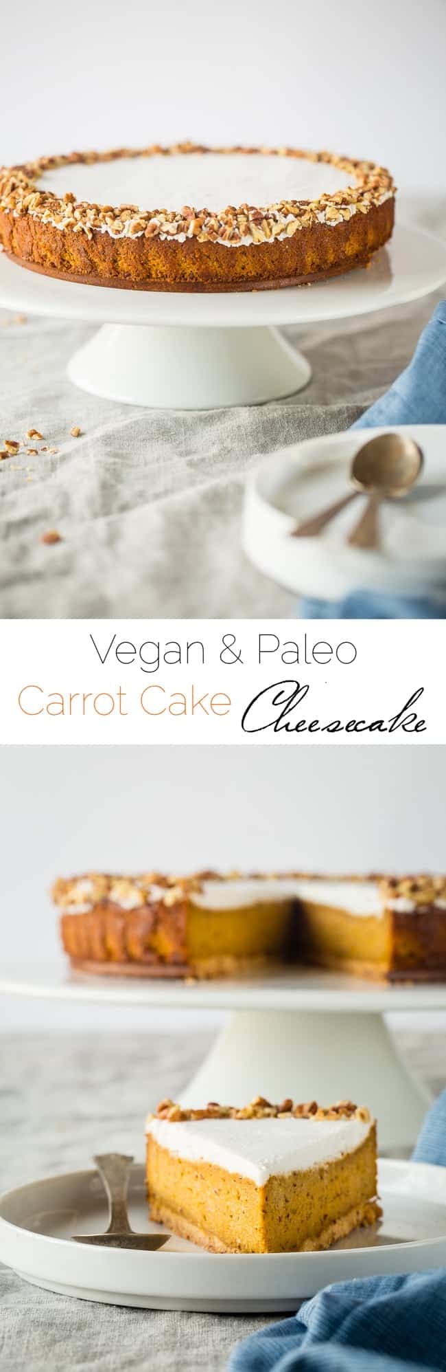 Gluten Free Paleo And Vegan Carrot Cake Cheesecake - This super easy, rich, creamy, paleo and vegan friendly cheesecake tastes like carrot cake but is secretly dairy, gluten, egg and refined sugar free and healthy! Perfect for Easter! | Foodfaithfitness.com | @FoodFaithFit