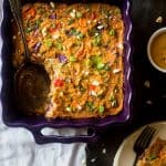 Rainbow Thai Peanut Chicken Cauliflower Casserole - This healthy casserole has the taste of Thai peanut sauce, chicken and lots of fresh veggies! It's a low carb and gluten free weeknight meal that's only 220 calories and 5 SmartPoints! | Foodfaithfitness.com | @FoodFaithFit