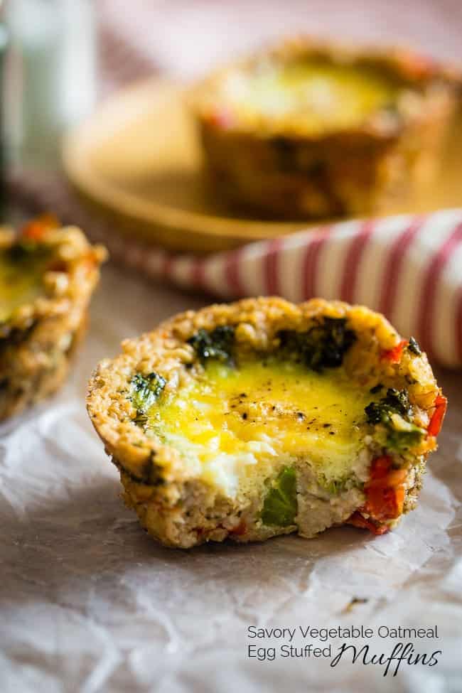 Egg Muffins with Savory Oatmeal Crust - These quick and easy egg muffins have a vegetable and savory oatmeal crust! They're a healthy and gluten free portable snack or breakfast for busy mornings, with only 80 calories and 2 SmartPoints! | Foodfaithfitness.com | @FoodFaithFit