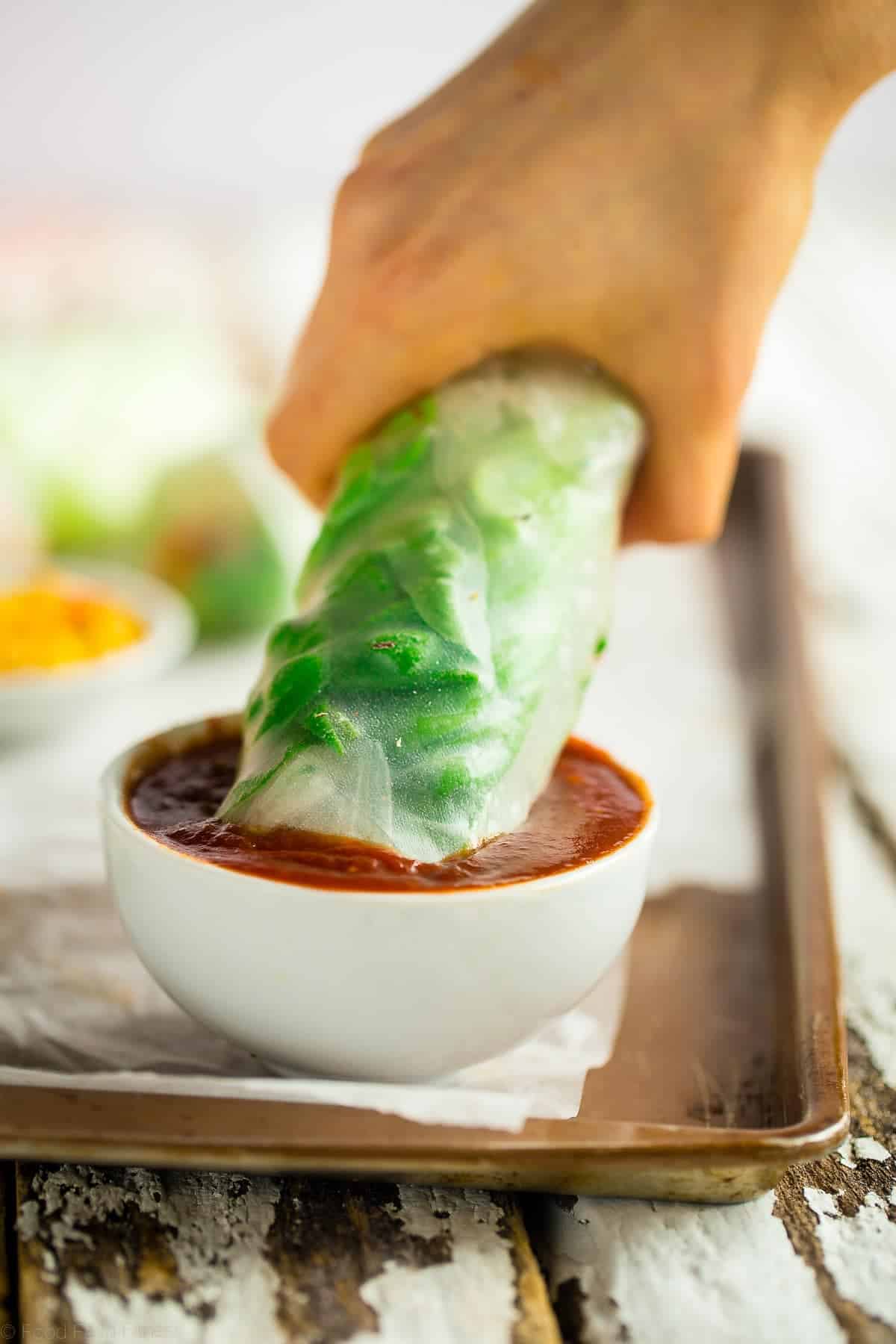 Healthy BBQ Chicken Summer Rolls - The classic Thai Summer Rolls get a fun, gluten free makeover with chicken, homemade BBQ sauce and sweet pineapple. Perfect for a light dinner or to serve on game day! | Foodfaithfitness.com | @FoodFaithFit