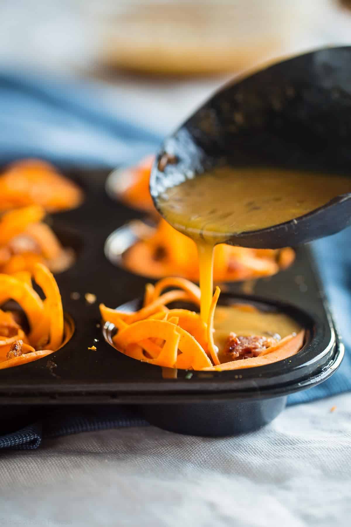 Paleo Egg Muffins with Maple Almond Sweet Potato Noodles and Bacon on Food Faith Fitness - A healthy, gluten free breakfast or snack!