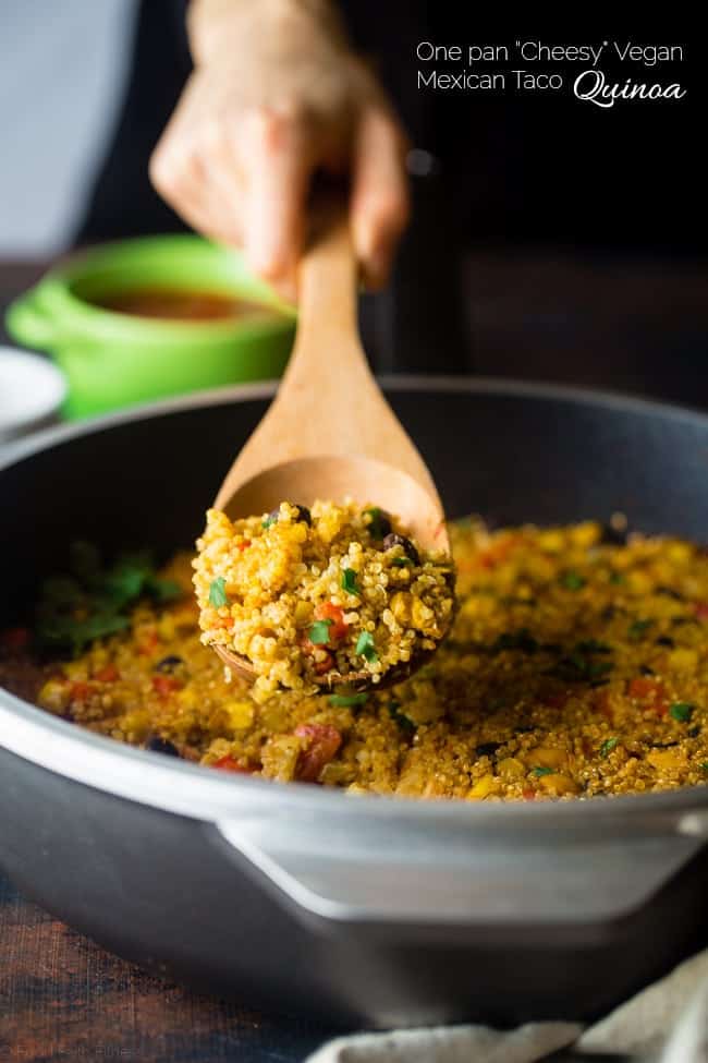 Vegan "Cheesy" Mexican Quinoa - This easy, one-pan meal has a spicy, cheesy taste - without the cheese! It's a healthy and gluten free, vegan-friendly weeknight meal that is under 300 calories! | Foodfaithfitness.com | @FoodFaithFit