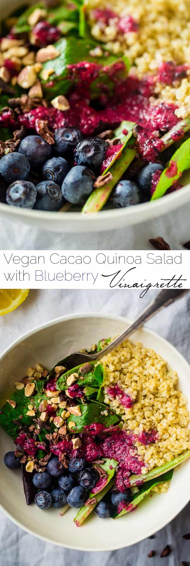 Vegan Blueberry Cacao Superfood Quinoa Salad - This healthy quinoa salad recipe has almonds, cacao nibs and a blueberry vinaigrette. It's an easy, gluten free and vegan meal that's packed with superfoods for only 360 calories!| Foodfaithfitness.com | @FoodFaithFit