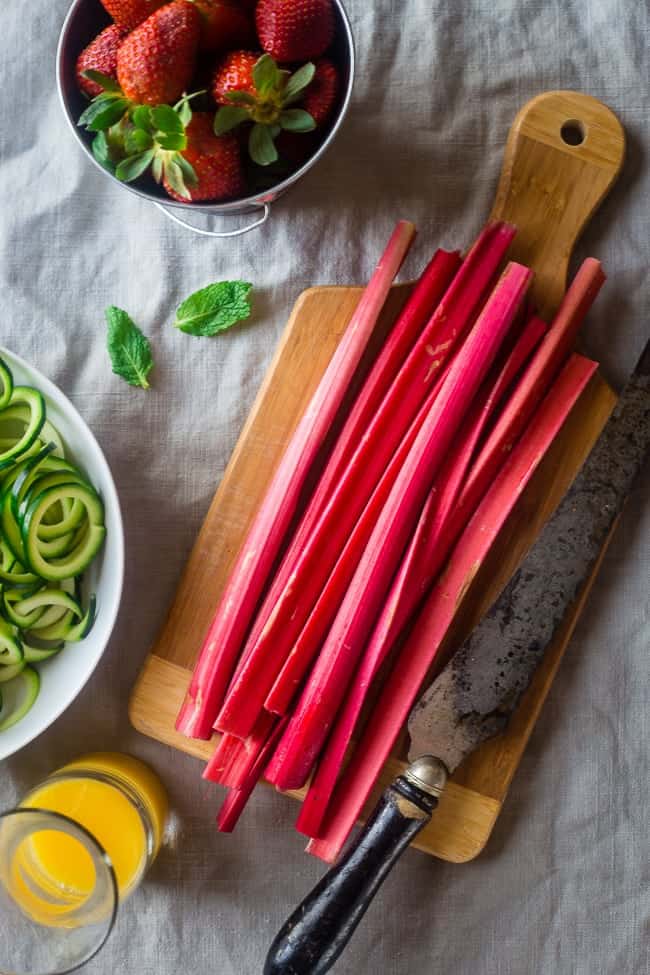 Paleo Strawberry Rhubarb Chicken Stir Fry with Zucchini Noodles - Strawberry Rhubarb is not just for pie anymore! This easy healthy chicken stir fry is a gluten free weeknight spring meal for only 350 calories! | Foodfaithfitness.com | @FoodFaithFit