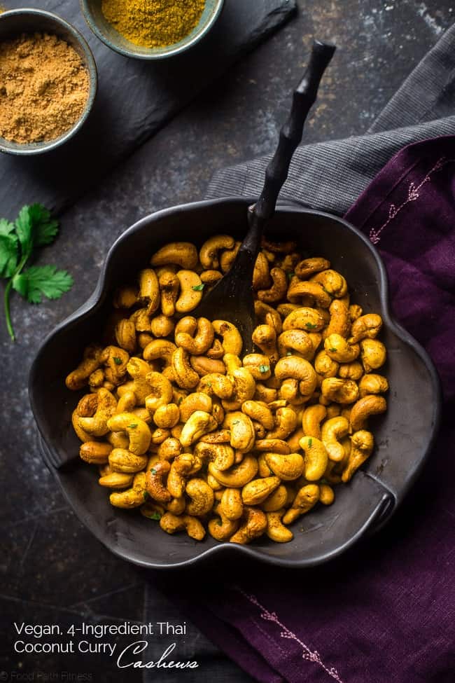 Thai Curry Roasted Cashews - These gluten free, 4 ingredient roasted cashews have a spicy-sweet Thai curry kick! They're a quick and easy, paleo and vegan friendly and snack for on the go eating! | Foodfaithfitness.com | @FoodFaithFit