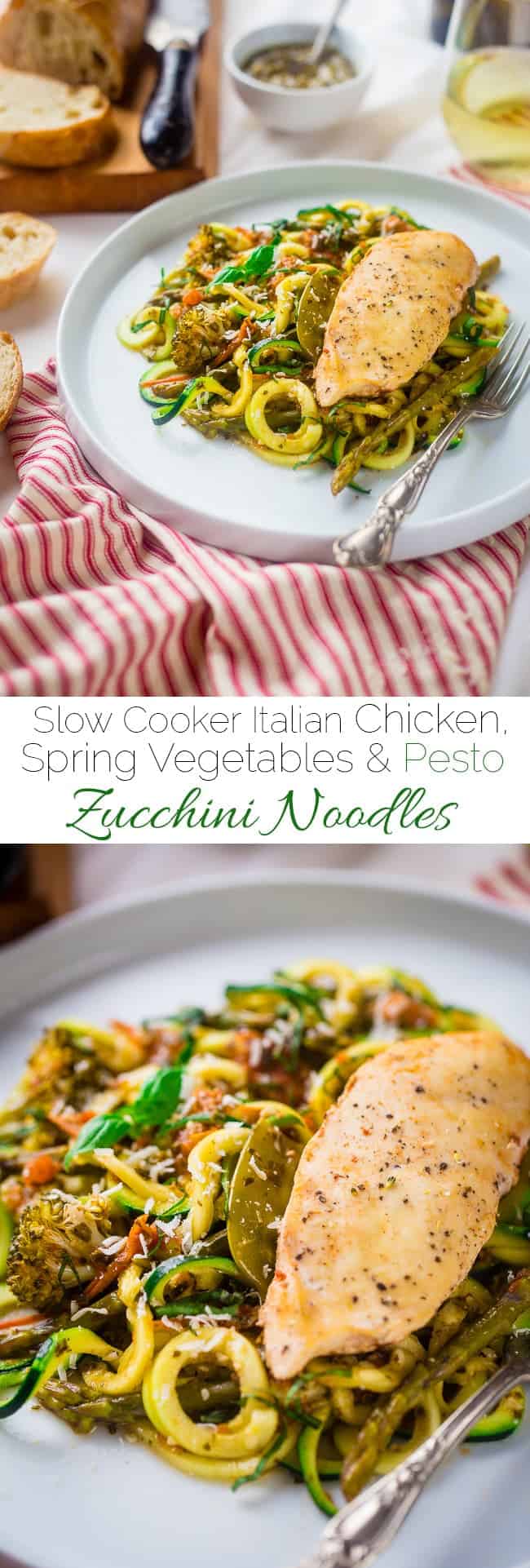 Slow Cooker Italian Chicken with Zucchini Noodles - This easy slow cooker Italian chicken is served over zucchini noodles for a light and healthy, gluten free, spring meal that's under 350 calories! | Foodfaithfitness.com | @FoodFaithFit