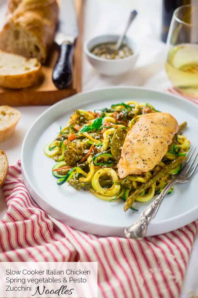 Slow Cooker Italian Chicken with Zucchini Noodles - This easy slow cooker Italian chicken is served over zucchini noodles for a light and healthy, gluten free, spring meal that's under 350 calories! | Foodfaithfitness.com | @FoodFaithFit