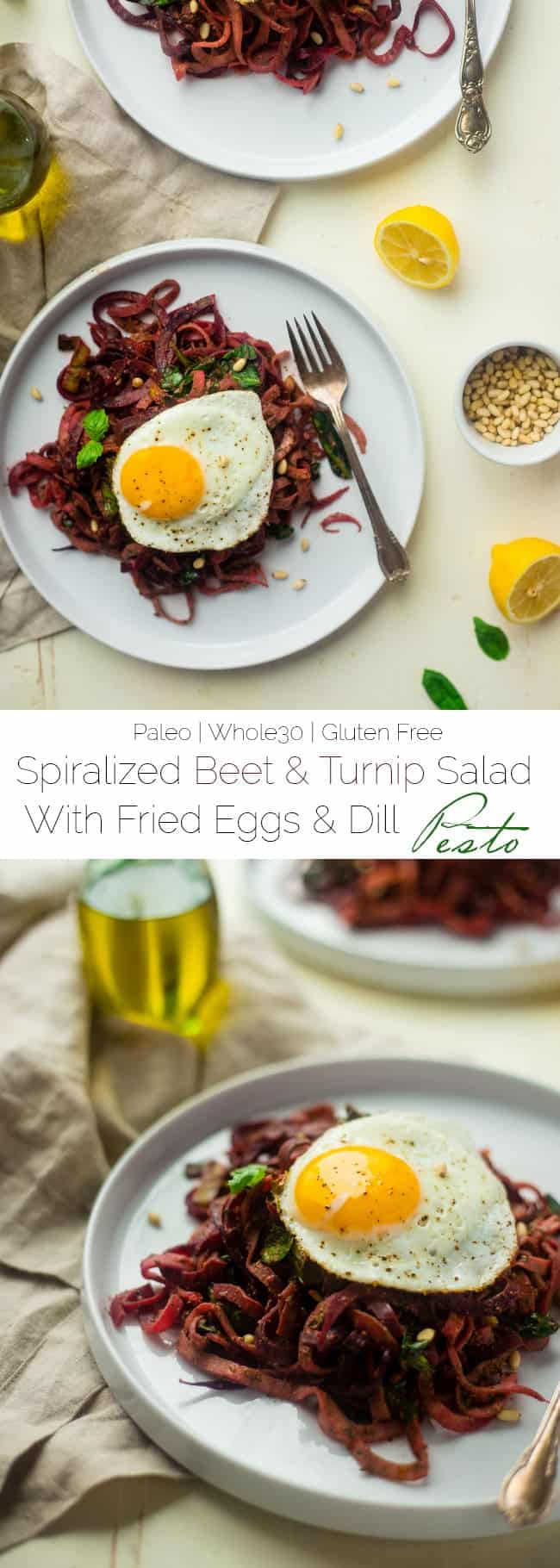Spiralized Turnip and Beet Salad with Pesto and Fried Eggs - Turnip and beet noodles, fresh pesto and fried eggs make this whole 30 and paleo friendly recipe, that's perfect for spring and under 300 calories! | Foodfaithfitness.com | @FoodFaithFit