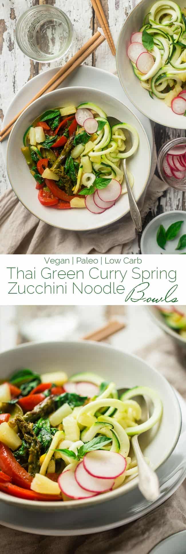 Vegan and Paleo Green Coconut Curry Spring Veggie Bowls with Zucchini Noodles - These easy bowls are made with pineapple, spring veggies, zucchini noodles and a creamy green coconut curry sauce! They're perfect for Meatless Monday and only 250 calories! | Foodfaithfitness.com | @FoodFaithFit