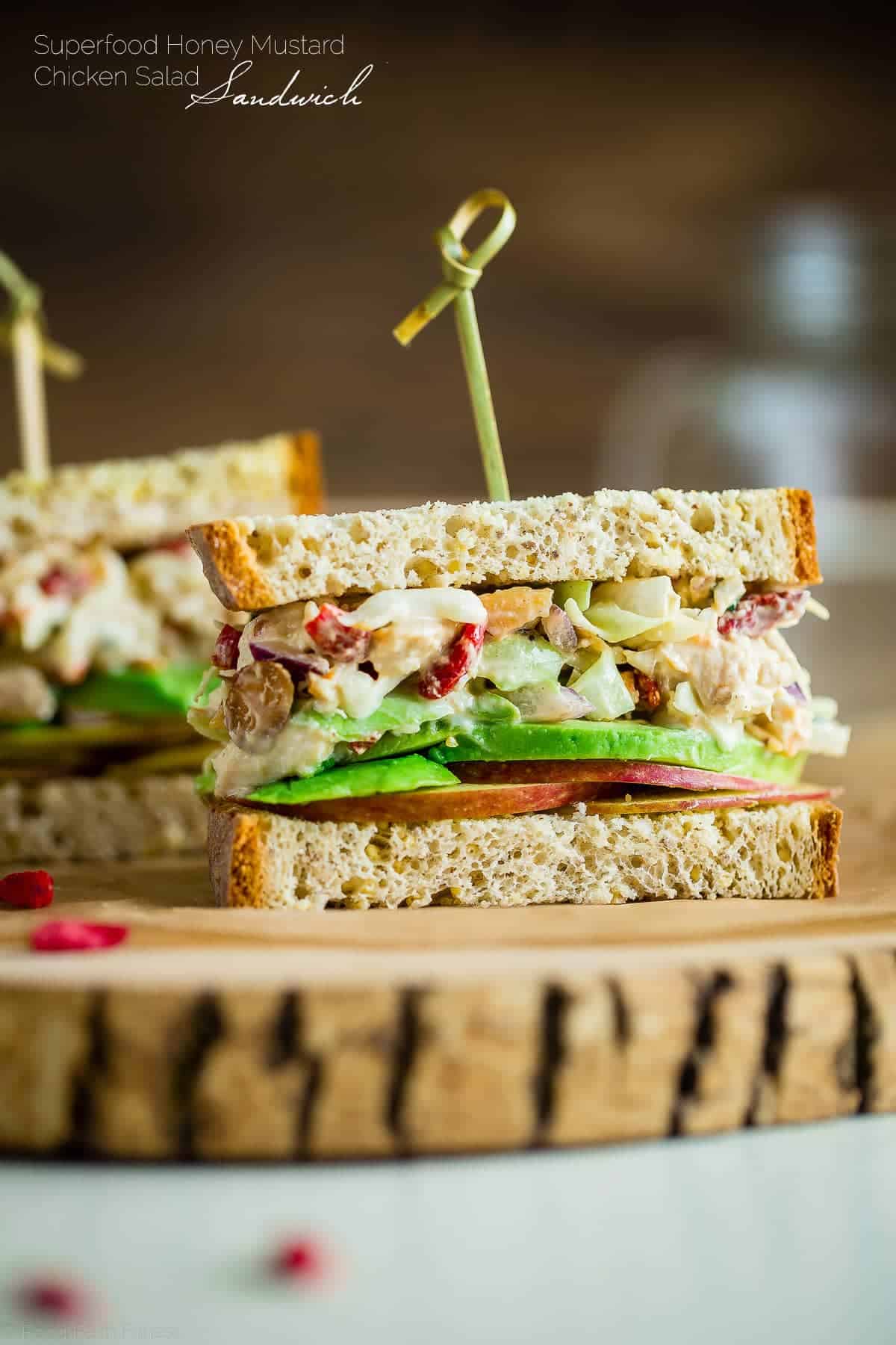 Gluten Free Superfood Greek Yogurt Chicken Salad Sandwich with Honey Mustard - This healthy sandwich is secretly packed with protein and superfoods! It's a quick and easy lunch, portable lunch that's great for kids or adults! | Foodfaithfitness.com | @FoodFaithFit