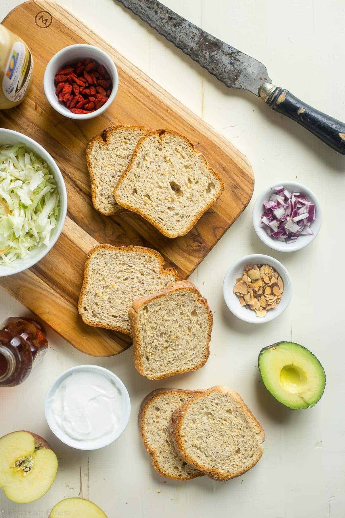 Gluten Free Superfood Greek Yogurt Chicken Salad Sandwich with Honey Mustard - This healthy sandwich is secretly packed with protein and superfoods! It's a quick and easy lunch, portable lunch that's great for kids or adults! | Foodfaithfitness.com | @FoodFaithFit