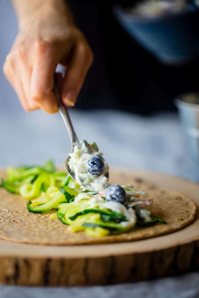 Superfood Blueberry Basil & Zucchini Noodles Wrap - A quick and easy wrap that has creamy lime yogurt and blueberries. It's a protein-packed, healthy and portable lunch for only 200 calories! Gluten free option! | Foodfaithfitness.com | @FoodFaithFit