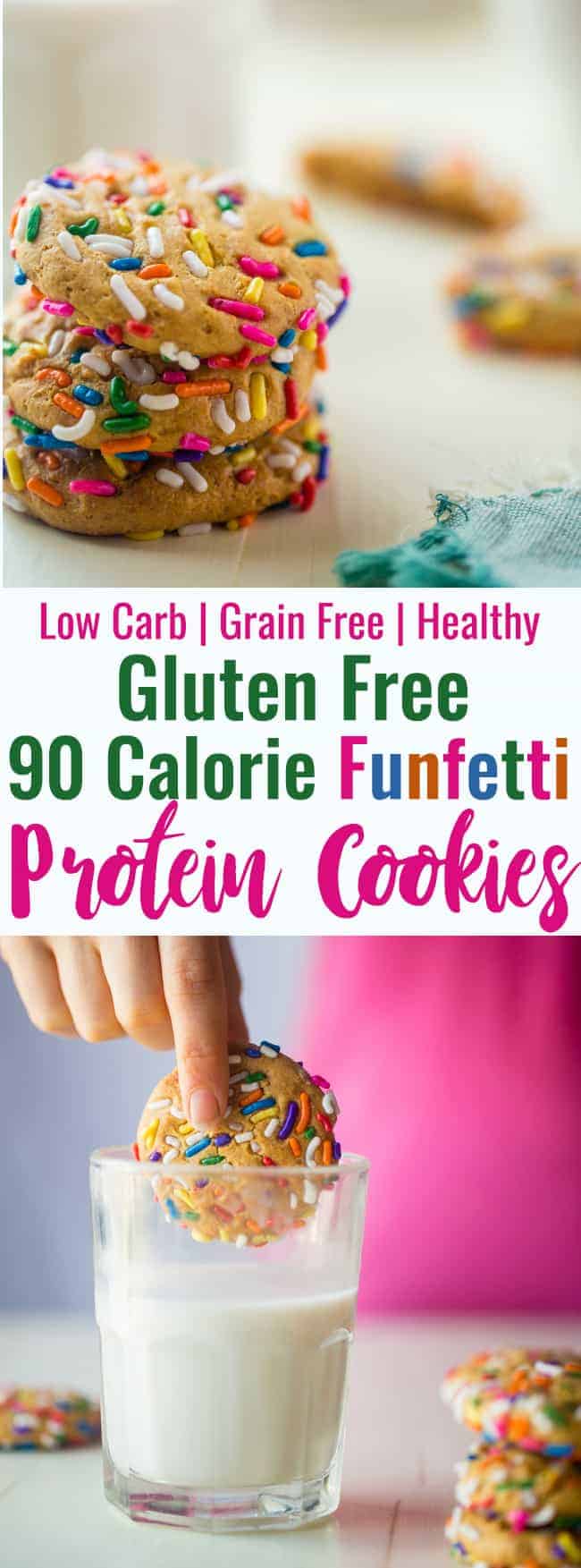 Funfetti Protein Cookies - These quick and easy cookies taste just like funfetti cake! You'll never know they're a healthy, protein-packed and gluten free treat for under 90 calories and 2 Freestyle SmartPoints! | #Foodfaithfit | #GlutenFree #LowCarb #WeightWatchers #Healthy #ProteinPowder