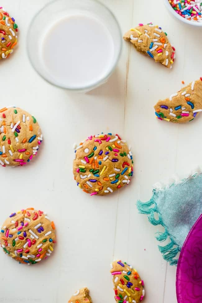 Funfetti Protein Cookies - These quick and easy cookies taste just like funfetti cake! You'll never know they're a healthy, protein-packed and gluten free treat for under 90 calories and 3 SmartPoints! | Foodfaithfitness.com | @FoodFaithFit