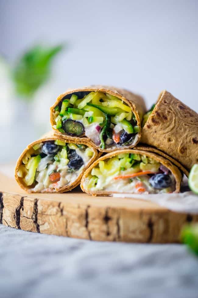 Superfood Blueberry Basil & Zucchini Noodles Wrap - A quick and easy wrap that has creamy lime yogurt and blueberries. It's a protein-packed, healthy and portable lunch for only 200 calories! Gluten free option! | Foodfaithfitness.com | @FoodFaithFit