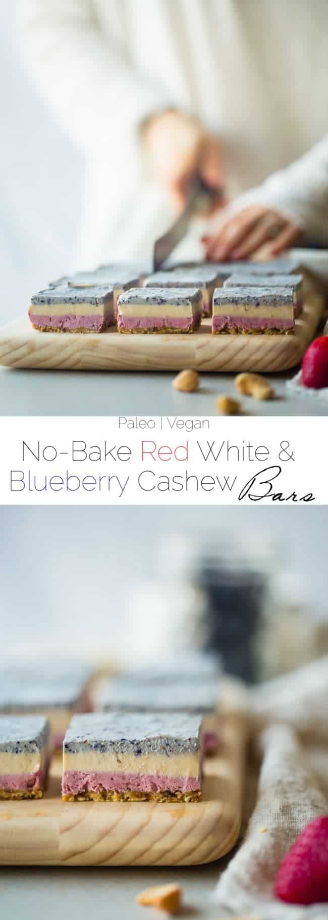 Vegan No Bake Red, White and Blueberry Cashew Cream Bars - These healthy bars are made of berry cashew cream, layered and then frozen! They're an easy, paleo and vegan friendly dessert for the fourth of July! | Foodfaithfitness.com | @FoodFaithFit