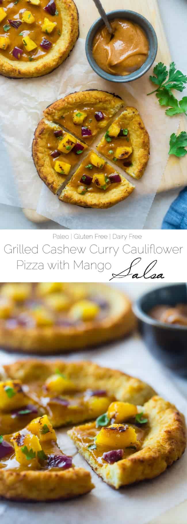 Mango Curry Cashew Paleo Pizza - This pizza is made with a cauliflower crust, topped with creamy, spicy cashew sauce and sweet mango! It's a healthy gluten, grain and dairy free alternative for pizza night! | Foodfaithfitness.com | @FoodFaithFit