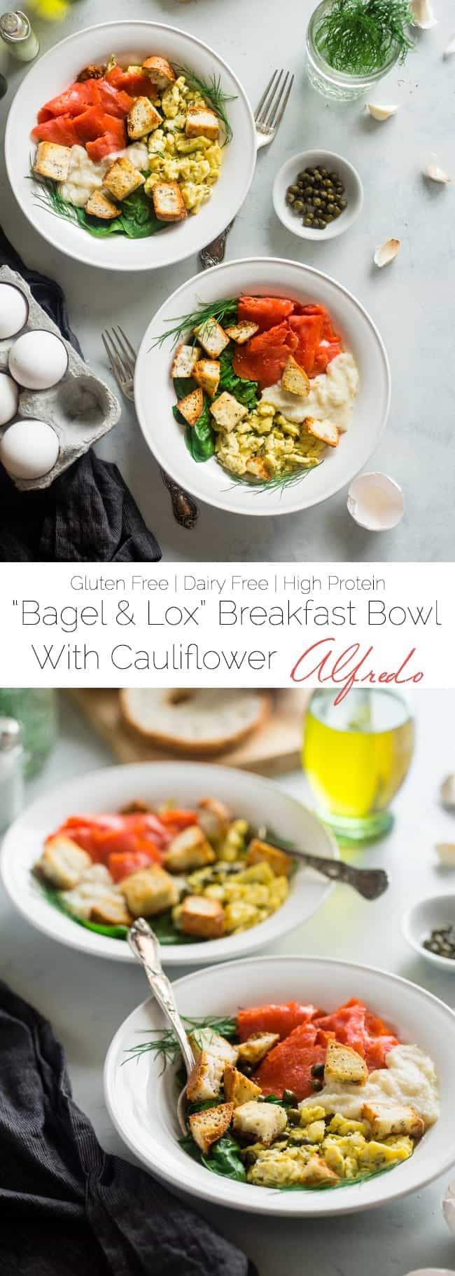 Gluten Free Cauliflower Alfredo "Lox Bagel" Breakfast Bowls - These bowls are a spin on the classic lox bagel, and use cauliflower Alfredo instead of cream cheese to keep them dairy free, healthy and loaded with hidden veggies! | Foodfaithfitness.com | @FoodFaithFit