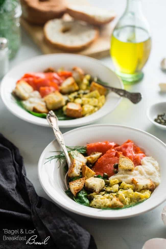 Gluten Free Cauliflower Alfredo "Lox Bagel" Breakfast Bowls - These bowls are a spin on the classic lox bagel, and use cauliflower Alfredo instead of cream cheese to keep them dairy free, healthy and loaded with hidden veggies! | Foodfaithfitness.com | @FoodFaithFit