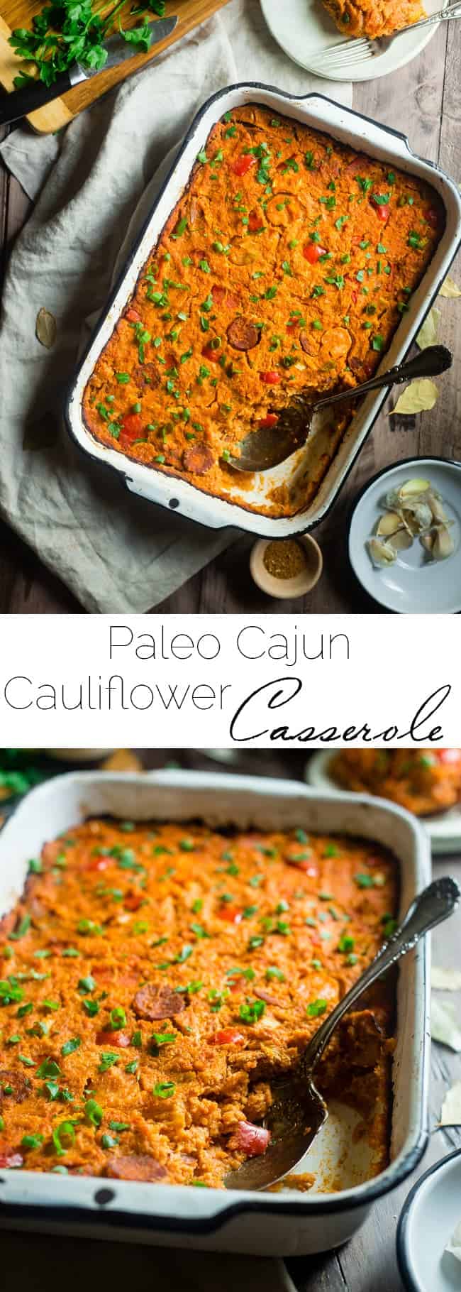 Paleo Cajun Cauliflower Casserole - This Cajun cauliflower casserole tastes like a bowl of Jambalaya but is secretly loaded with hidden veggies and protein! It's a gluten free, paleo-friendly meal that the whole family will love! | Foodfaithfitness.com | @FoodFaithFit