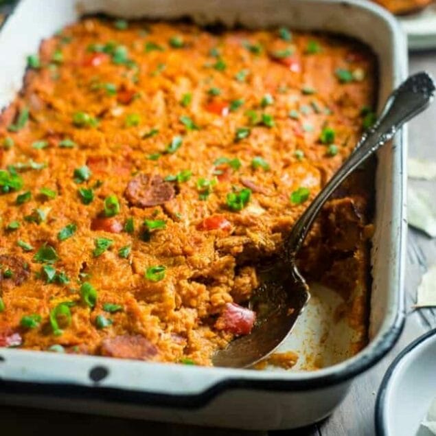 Paleo Cajun Cauliflower Casserole - This Cajun cauliflower casserole tastes like a bowl of Jambalaya but is secretly loaded with hidden veggies and protein! It's a gluten free, paleo-friendly meal that the whole family will love! | Foodfaithfitness.com | @FoodFaithFit