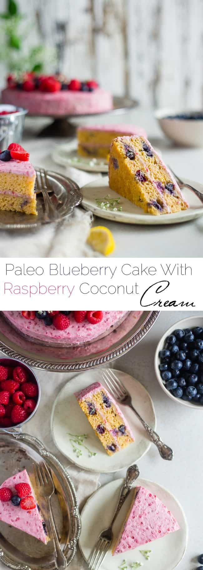 Paleo Blueberry Cake with Raspberry Coconut Cream - This layered paleo cake has fresh, juicy blueberries and raspberry coconut whipped cream! It's a healthier, gluten free dessert that's perfect for summer! | Foodfaithfitness.com | @FoodFaithFit