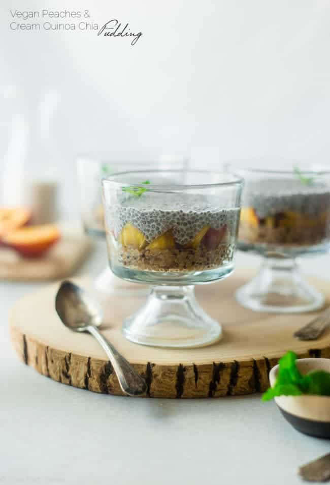 Vegan "Peaches n' Cream" Quinoa Chia Pudding - This peach breakfast quinoa is layered with creamy chia pudding for a healthy, portable breakfast that is gluten free and will keep you full until lunch! | Foodfaithfitness.com | @FoodFaithFit