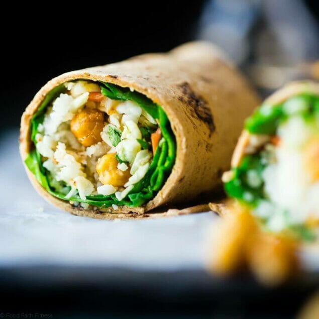 Vegan "Honey" Garlic Chickpea and Cauliflower Rice Wrap - This healthy wrap has an Asian flair with crunchy "honey" garlic roasted chickpeas and cauliflower rice! It's a quick and easy, portable and vegan friendly meal that's perfect for lunchboxes! | Foodfaithfitness.com | @FoodFaithFit