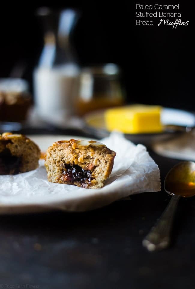 Caramel Stuffed Paleo Banana Bread Muffins - These muffins have a surprise center and you will NEVER know they are only 210 calories and grain and gluten free! They're a healthy, portable breakfast or snack! | Foodfaithfitness.com | @FoodFaithFit