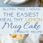 Gluten Free Lemon Macaroon Vegan Mug Cake - Have cookies IN your cake with this easy, gluten free vegan mug cake that's mixed with crumbled up lemon macaroons. It's a healthy dessert that's ready in under 5 minutes! | Foodfaithfitness.com | @FoodFaithFit | easy vegan mug cake. healthy vegan mug cake. vanilla mug cake. gluten fee mug cake. healthy mug cake. lemon mug cake. mug cake with coconut flour. flourless mug cake. Mug cake with applesauce.