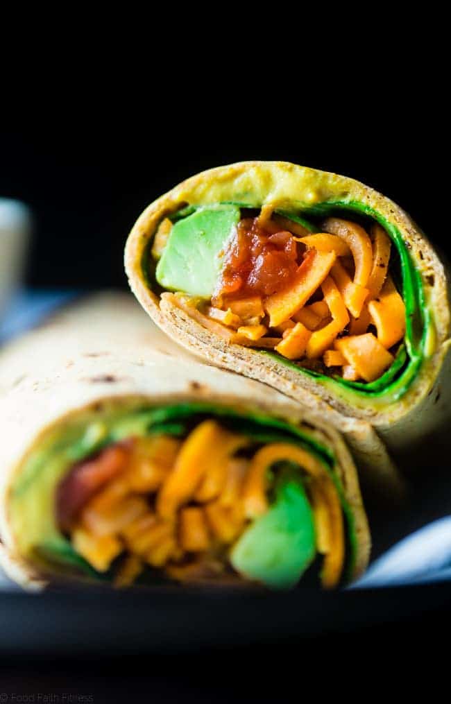 Vegan "Cheesy" Mexican Sweet Potato Noodle Wrap - This easy wrap has sweet potato noodles, a vegan "cheese sauce," spinach and salsa! It's a protein packed, healthy, portable and vegan friendly lunch! Perfect for back to school! Gluten free option included! | Foodfaithfitness.com | @FoodFaithFit