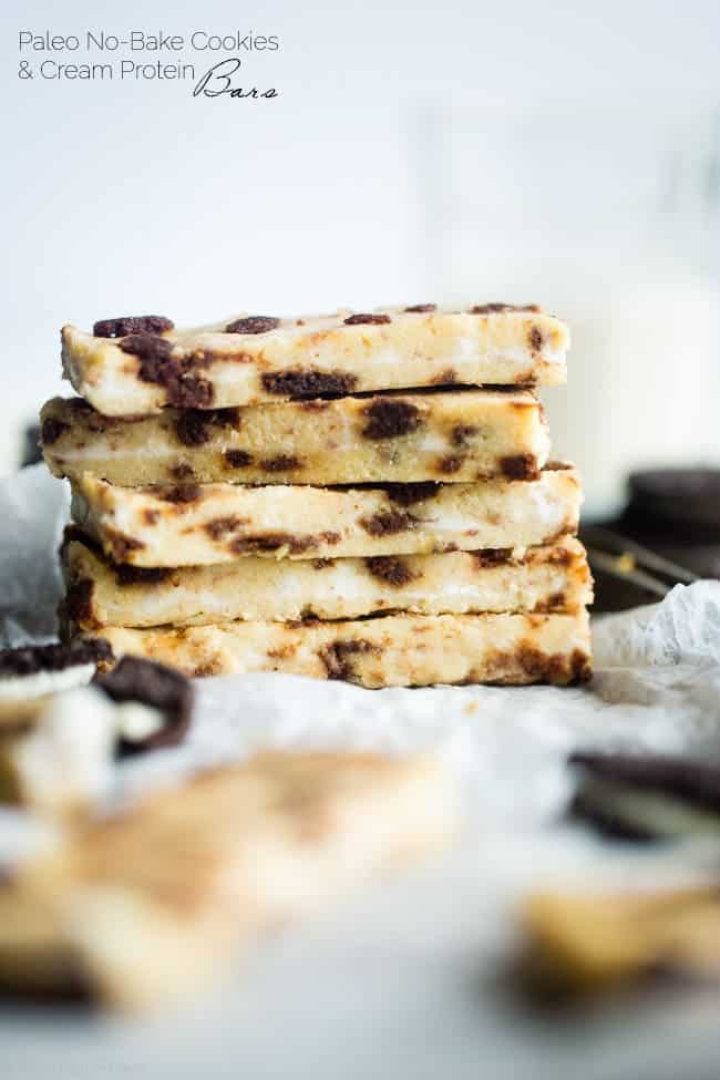 No-Bake Cookies and Cream Paleo Protein Bars - These no-bake cookies and cream paleo protein bars taste like the classic cookie! They're a healthy, gluten free and portable snack for busy days or back to school lunch boxes, that are so easy to make! | Foodfaithfitness.com | @FoodFaithFit