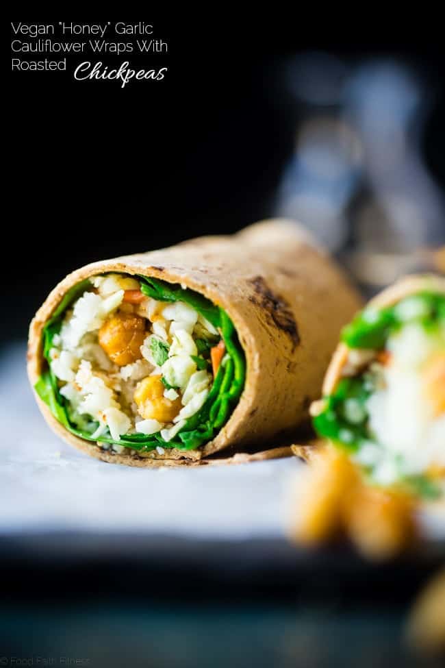Vegan "Honey" Garlic Chickpea and Cauliflower Rice Wrap - This healthy wrap has an Asian flair with crunchy "honey" garlic roasted chickpeas and cauliflower rice! It's a quick and easy, portable and vegan friendly meal that's perfect for lunchboxes! Gluten free option included! | Foodfaithfitness.com | @FoodFaithFit