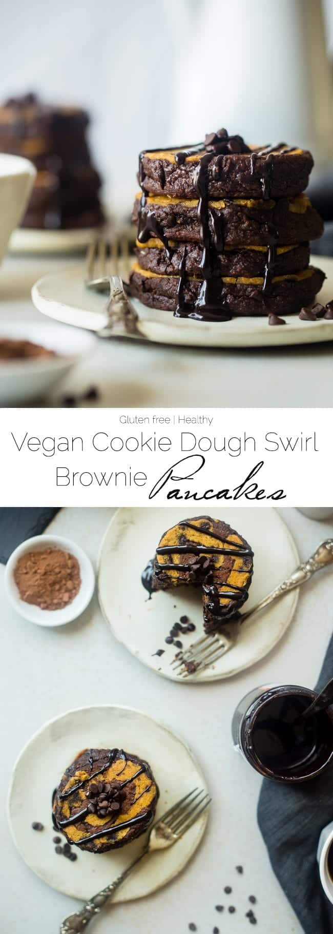 Cookie Dough Swirled Vegan Brownie Pancakes - These easy vegan pancakes taste like a rich brownie and have a cookie dough swirl! They are a healthy, gluten free breakfast that tastes like dessert! | Foodfaithfitness.com | @FoodFaithFit