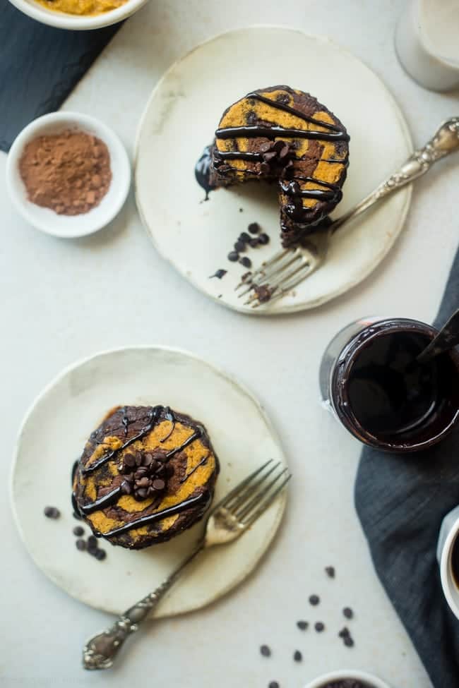 Cookie Dough Swirled Vegan Brownie Pancakes - These easy vegan pancakes taste like a rich brownie and have a cookie dough swirl! They are a healthy, gluten free breakfast that tastes like dessert! | Foodfaithfitness.com | @FoodFaithFit