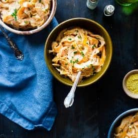 6 Ingredient Vegan Mac and Cheese with Spiralized Butternut Squash Noodles - So creamy you will never guess it's a healthy, gluten and grain free, vegan mac and cheese that is SO easy to make! | Foodfaithfitness.com | @FoodFaithFit