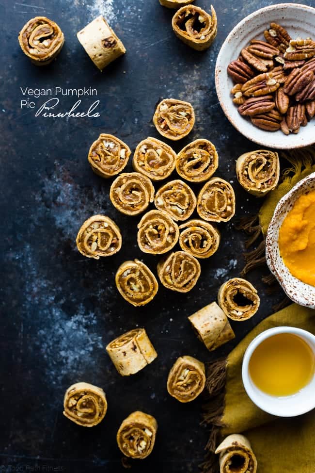 6 Ingredient Vegan Pumpkin Pie Pinwheels - These healthy pumpkin pie pinwheels are only 6 ingredients, under 200 calories and are ready in 20 minutes! They're an easy snack or party food for fall! Gluten free option included! | Foodfaithfitness.com | @FoodFaithFit