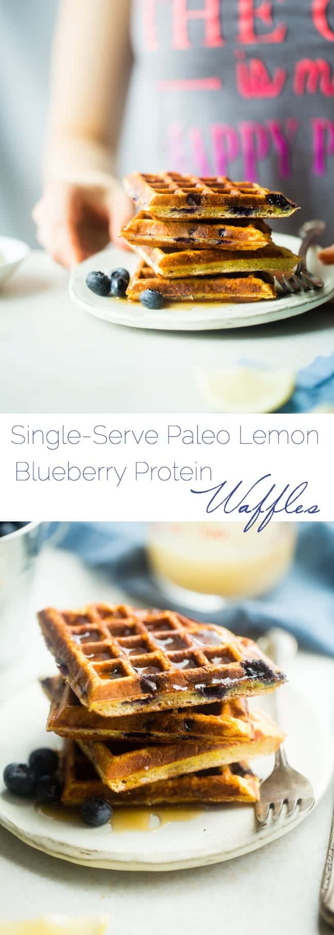 Single-Serve Lemon Blueberry Paleo Protein Waffles - These single-serve protein waffles are studded with juicy blueberries and have a 5 minute lemon sauce! Perfect for a paleo friendly, gluten free breakfast on busy mornings! | FoodFaithfitness.com | @FoodFaithFit