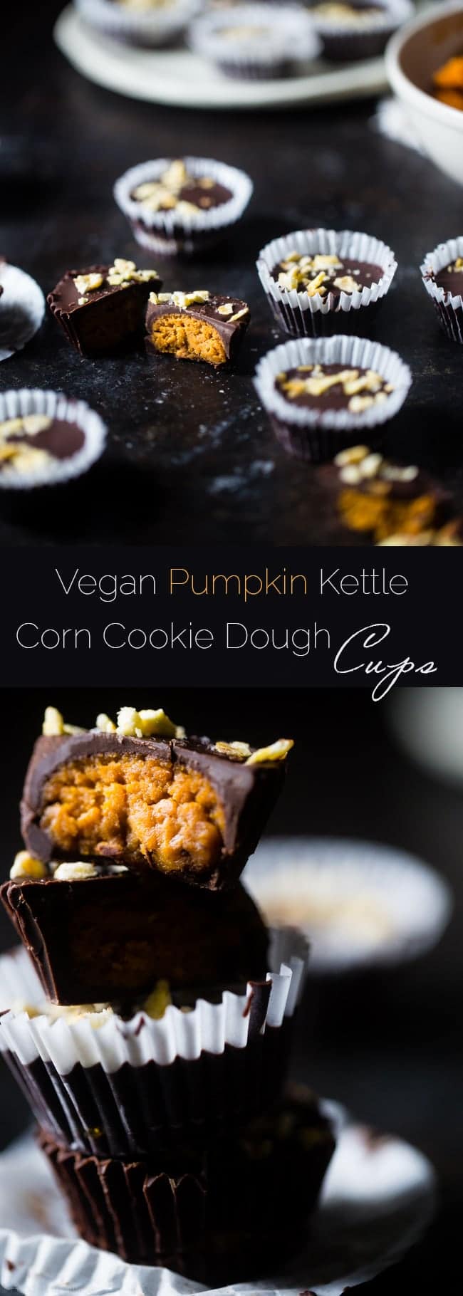 Vegan Pumpkin Kettle Corn Cookie Dough Cups - Stuffed with gluten free pumpkin edible cookie dough and topped with salty-sweet kettle corn! They're a quick and easy dessert that are only 95 calories and 3 SmartPoints! | Foodfaithfitness.com | @FoodFaithFit