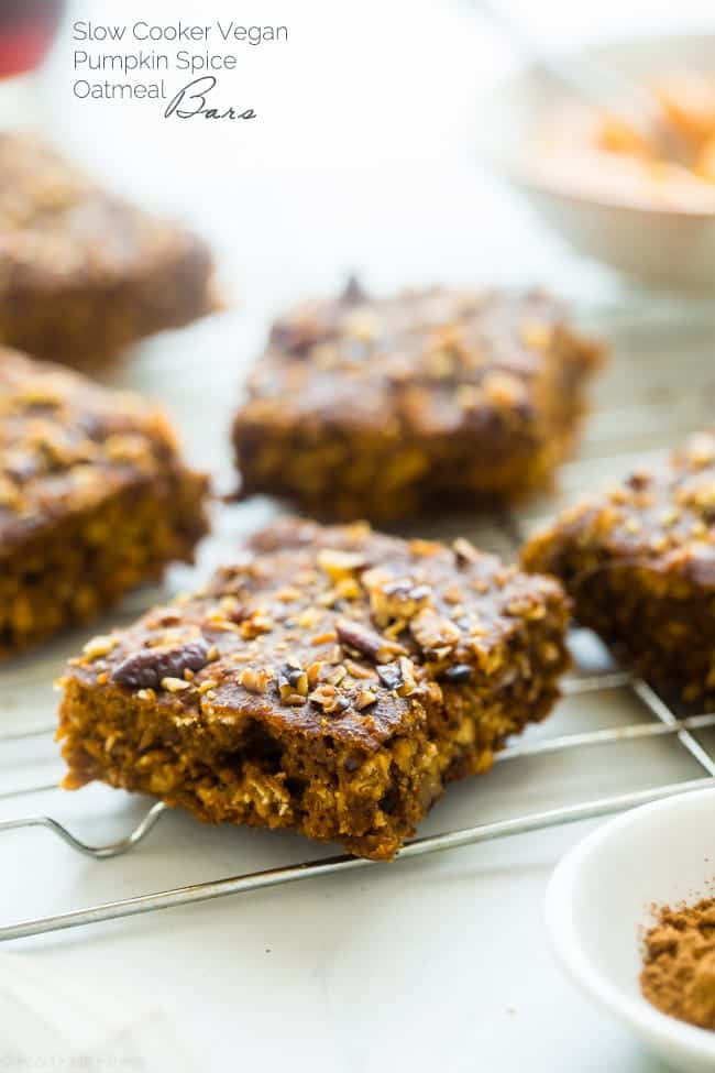 Vegan Pumpkin Spice Slow Cooker Oatmeal Breakfast Bars - These spicy-sweet, chewy bars are made in the slow cooker for a healthy, gluten free, and portable breakfast that's only 110 calories and 4 SmartPoints! | Foodfaithfitness.com | @FoodFaithFit