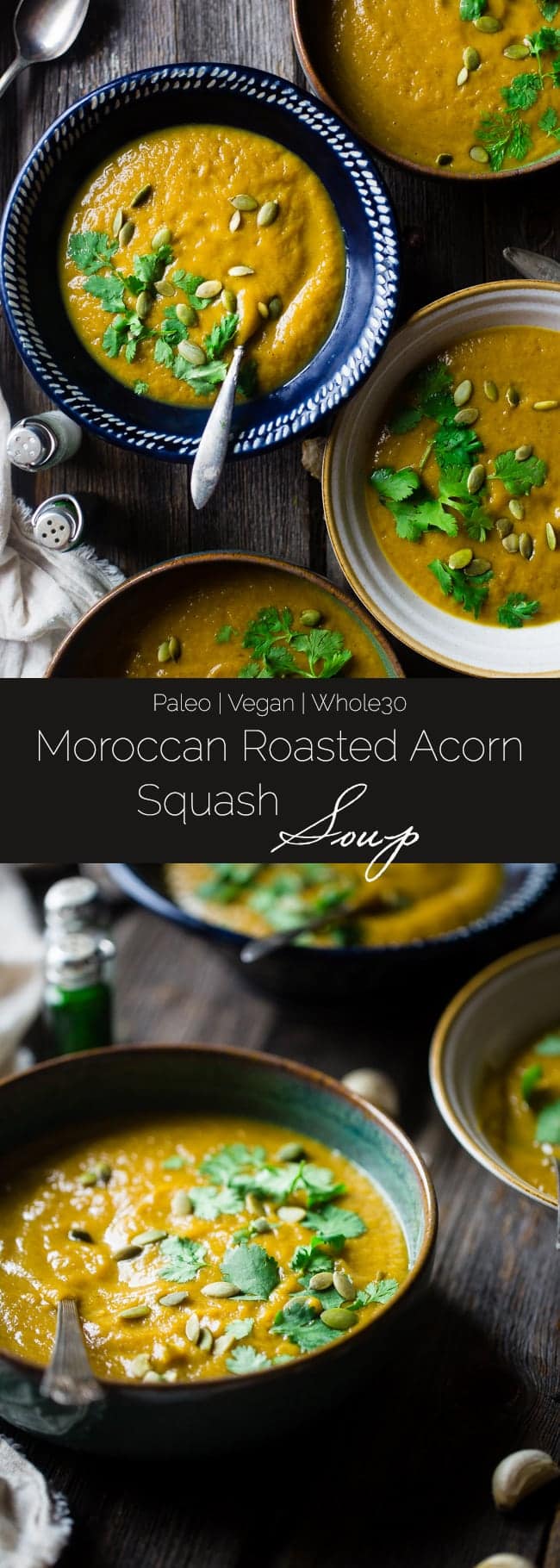 Vegan Moroccan Roasted Acorn Squash Soup - This easy soup is bursting with spices, and is sweetened with dates! It's a healthy, whole30 compliant, paleo meal for only 200 calories! | Foodfaithfitness.com | @FoodFaithFit