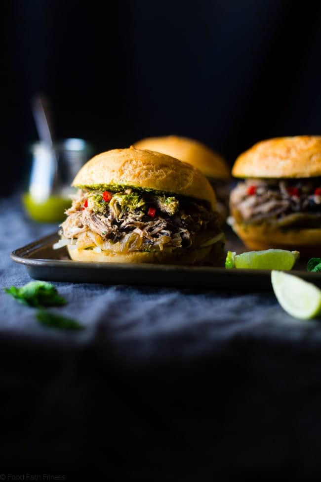 "Pho" Slow Cooker Pulled Pork Sandwiches - They have all the taste of the Vietnamese soup, but in a healthy, gluten free sandwich! They're the perfect, easy weeknight meal that the whole family will love! | Foodfaithfitness.com | @FoodFaithFit